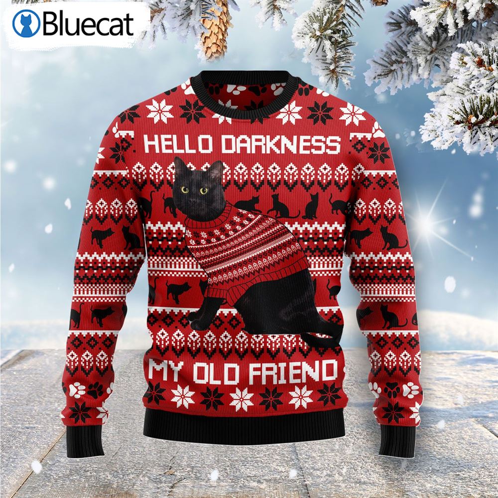 Black Cat Hello Darkness My Old Friend Ugly Christmas Sweaters