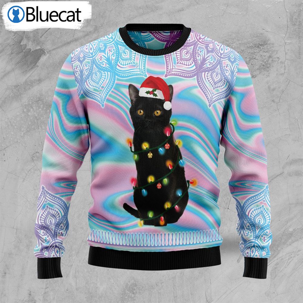 Black Cat Hologram Pattern Ugly Christmas Sweaters