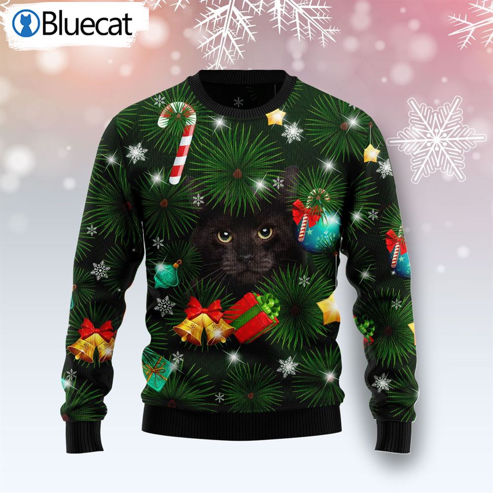 Black Cat Inside Tree Ugly Christmas Sweaters