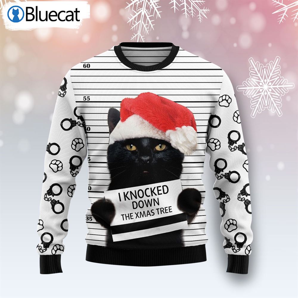Black Cat Knocked Down Xmas Tree Ugly Christmas Sweaters