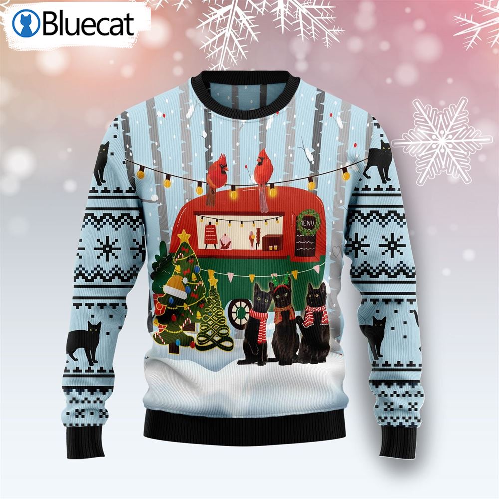 Black Cat Love Camping Ugly Christmas Sweaters
