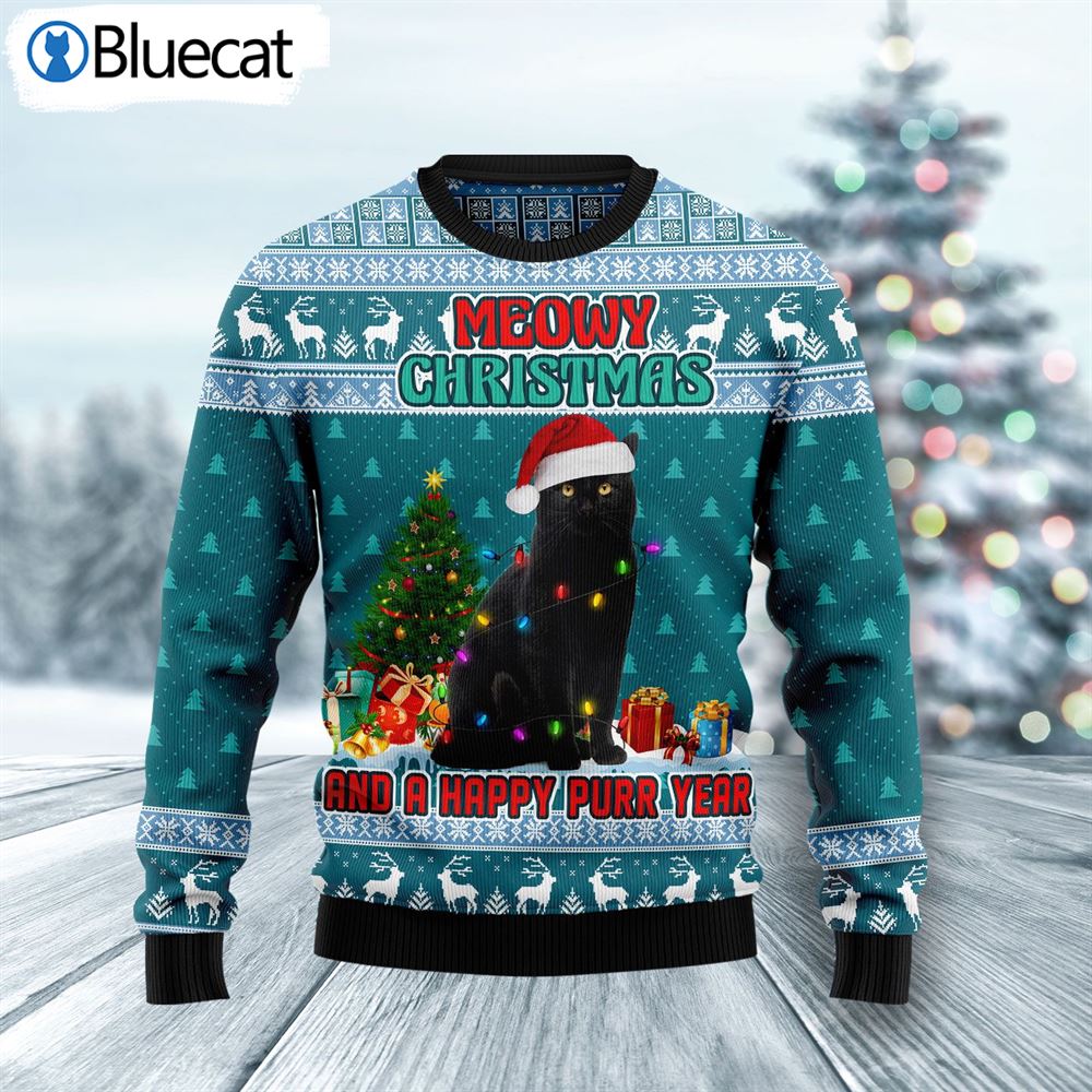 Black Cat Meomy Christmas And A Happy Purr Year Ugly Christmas Sweaters