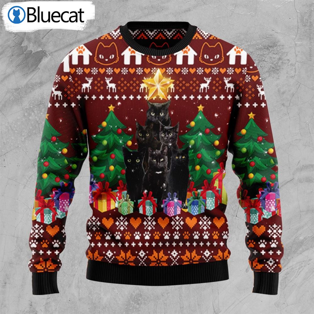 Black Cat Pine Tree Ugly Christmas Sweaters