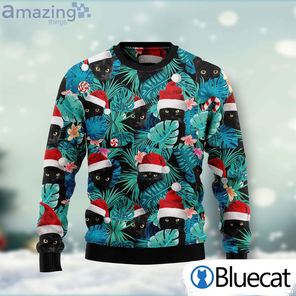 Black Cat With Santa Hat All Over Print Ugly Christmas Sweaters
