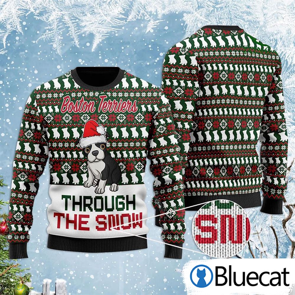 Boston Terriers Through The Snow Christmas Ugly Christmas Sweaters