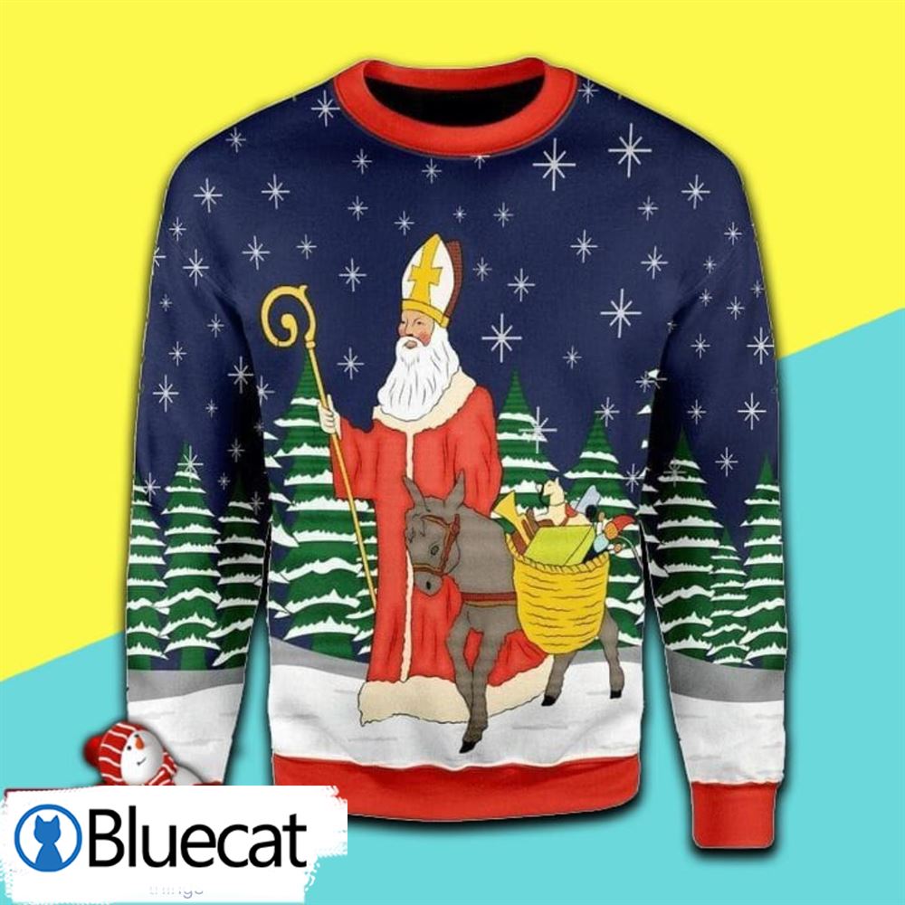 Christmas Patterns And Saint Nicholas Take A Horse All Over Print Ugly Christmas Sweaters