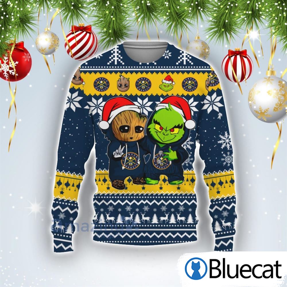 Denver Nuggets Baby Groot And Grinch Best Friends Football American Ugly Christmas Sweaters
