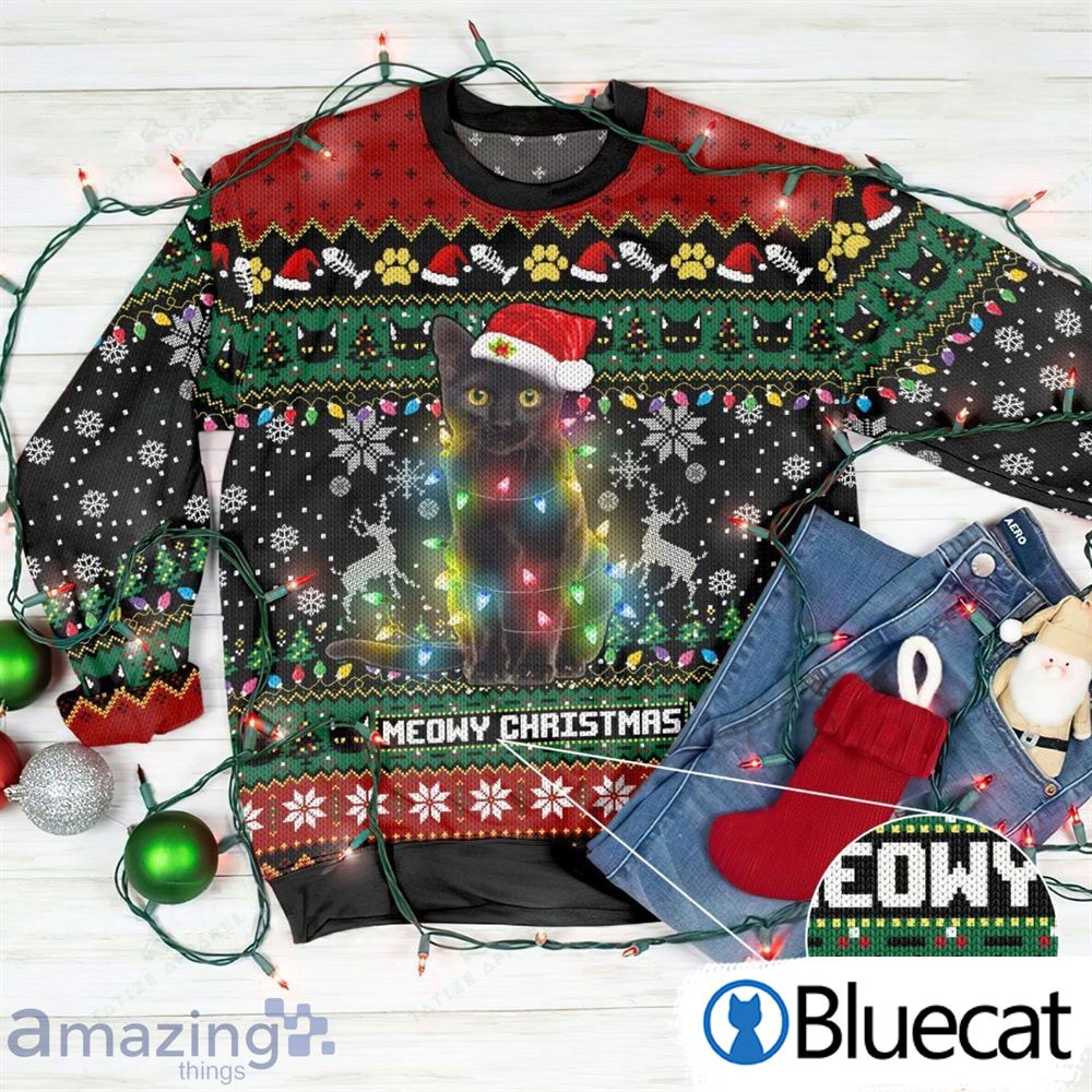 Meowy Christmas Cat Christmas Light Knititng Pattern Ugly Sweater