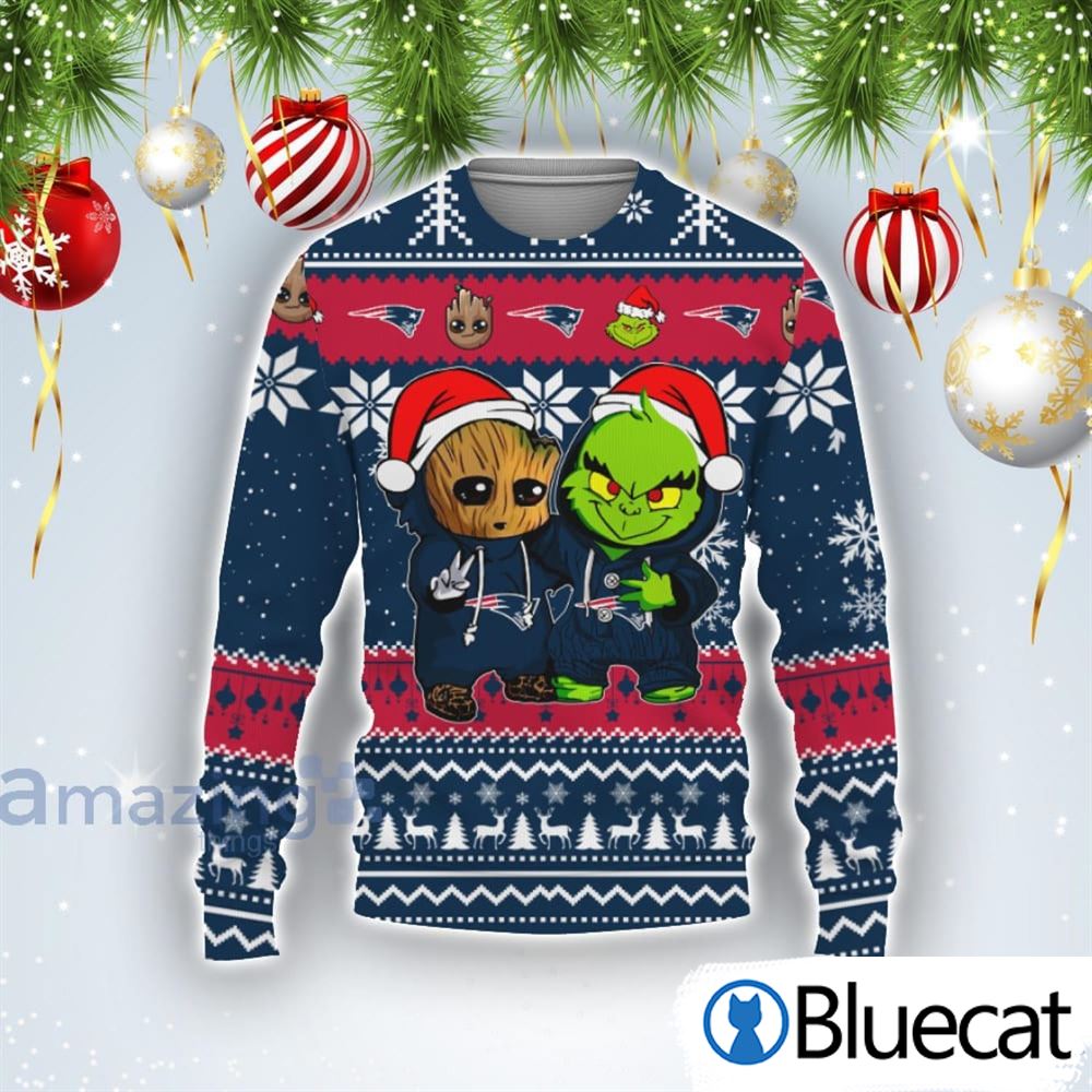 New England Patriots Baby Groot And Grinch Best Friends Football American Ugly Christmas Sweater