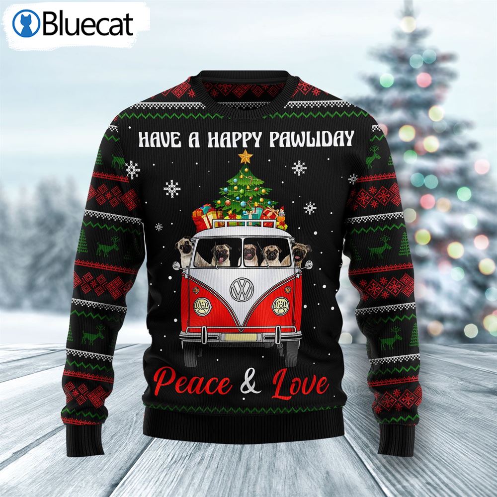 Pug Dogs Carrying Gift Christmas On The Red Car Ugly Christmas Sweaters