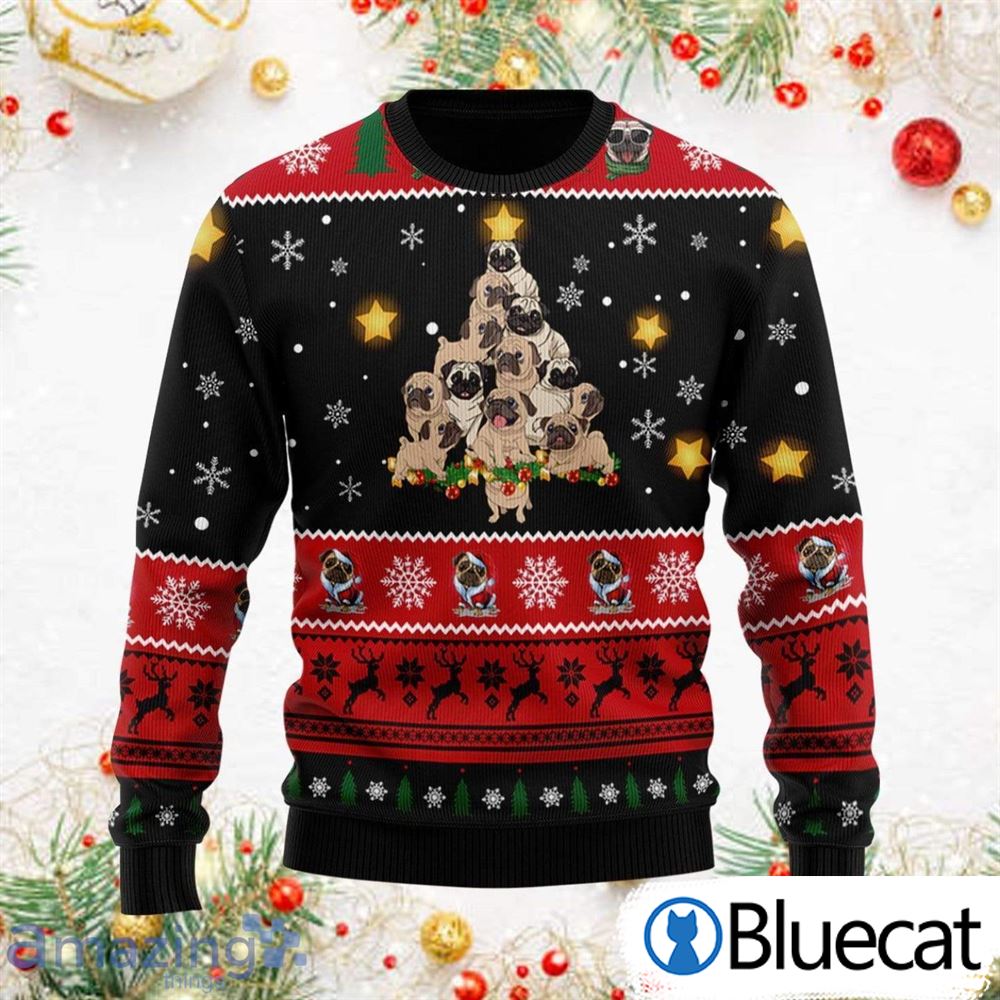 So Cute Pug Christmas Tree Black Red Ugly Christmas Sweaters