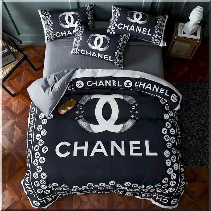Best Chanel Bedding Set White logo in Black Background