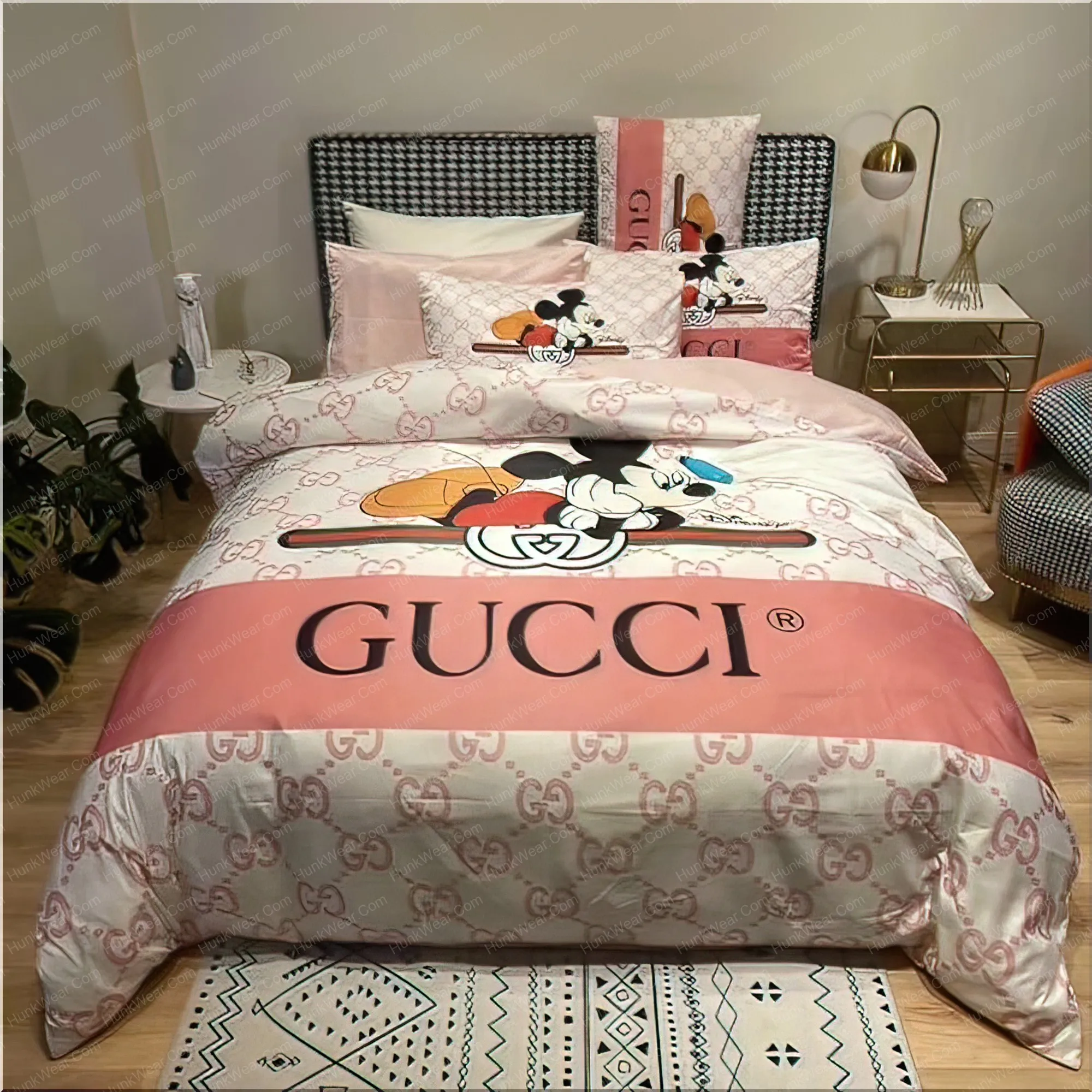 Best Gucci x Mickey Disney In Pink Monogram Background Bedroom Set