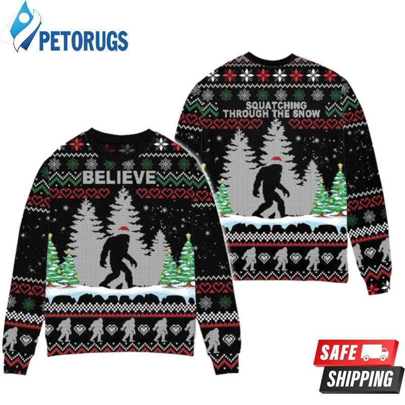 Bigfoot Believe Squatching Through The Snow Ugly Christmas Sweaters