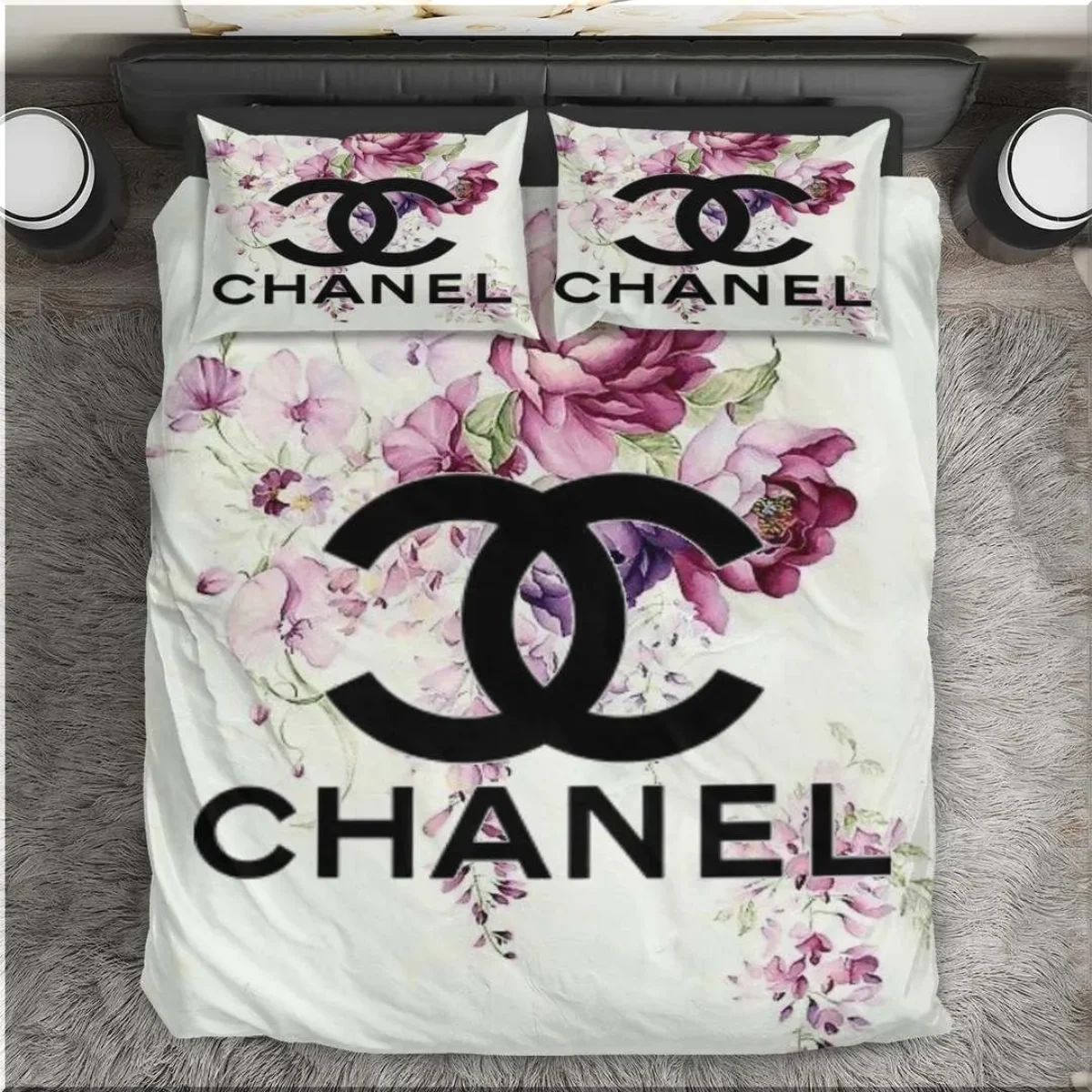 Black Chanel Logo Floral Bedding Set - Peto Rugs