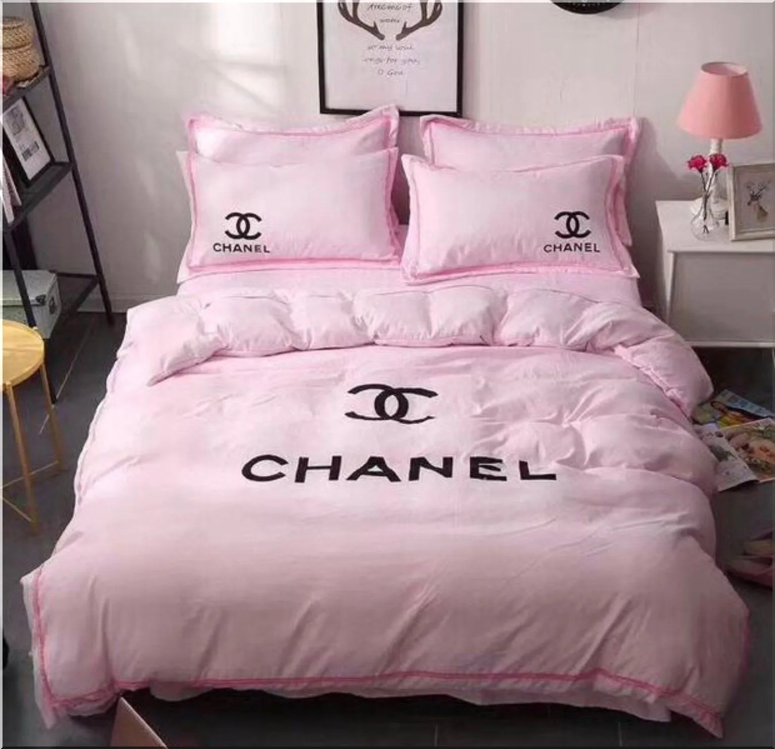 Black Logo Chanel Bedding Set White Background