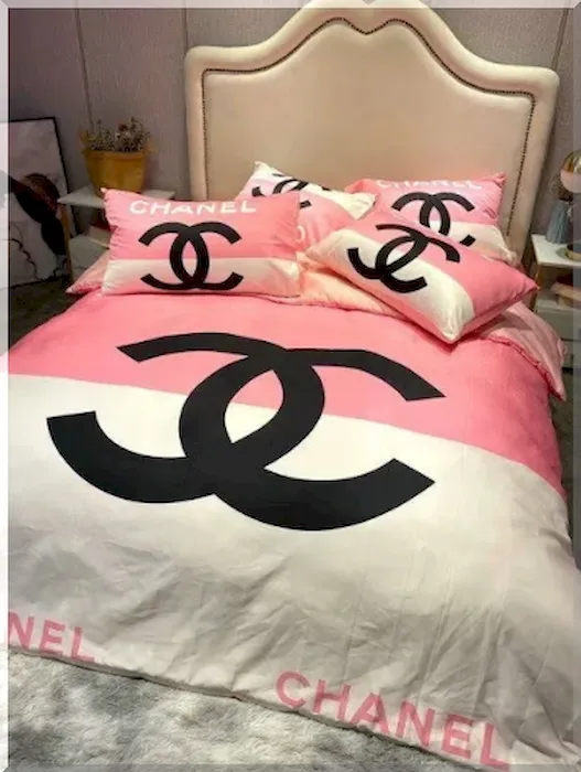 Black Logo Chanel Cute Pink And White Bedding Set