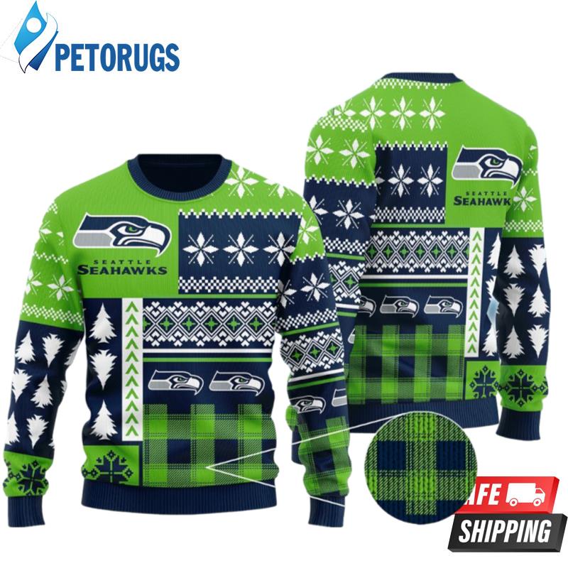 Blue Green Pattern Seattle Seahawks  New Design Ugly Christmas Sweaters