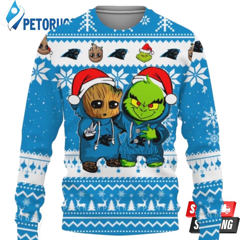 Carolina Panthers Baby Groot And Grinch Best Friends Ugly Christmas Sweaters