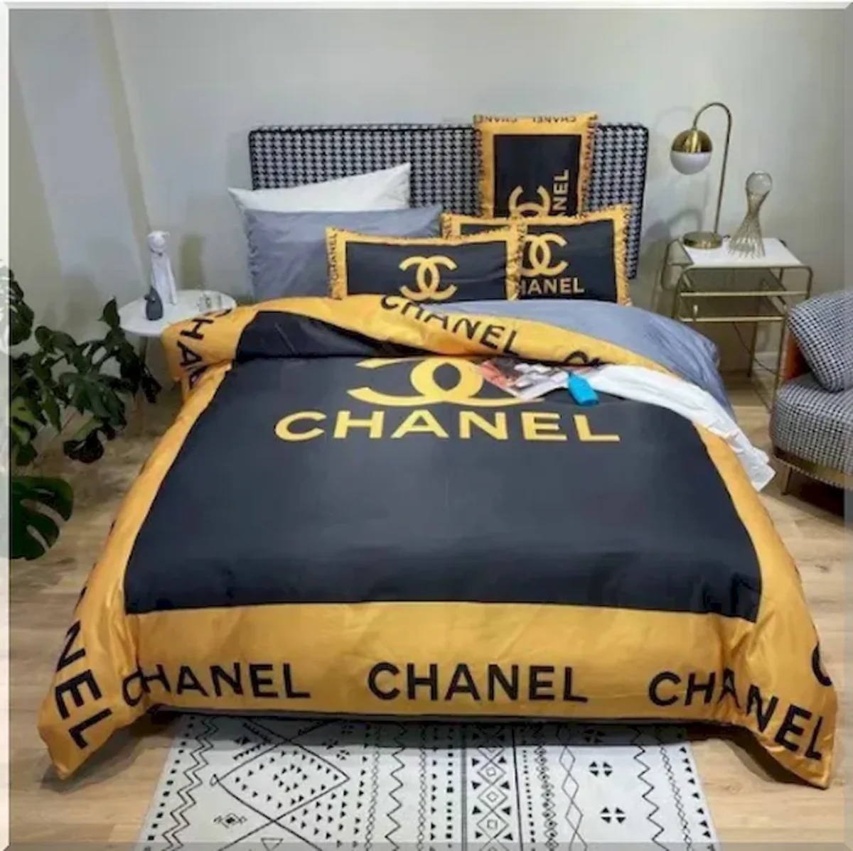 Chanel Bedding Set Black And Gold - Peto Rugs