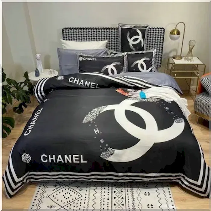Chanel Bedding Set Black Background White Logo