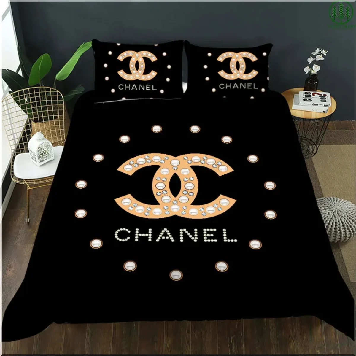 Chanel Bedding Set Pearls In Black Background - Peto Rugs