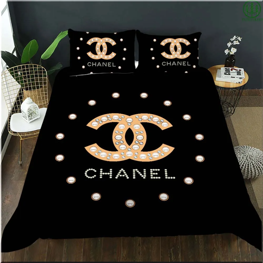 Chanel Bedding Set Pearls In Black Background
