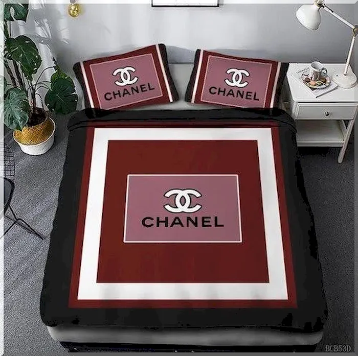 Chanel Bedding Set White and Maroon Background