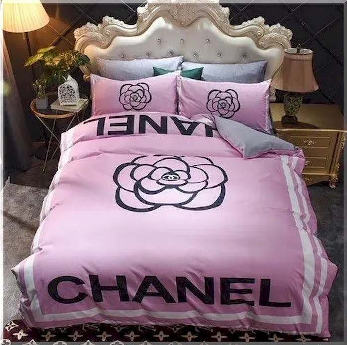 Chanel Black Flower Pink Background Bedding Set