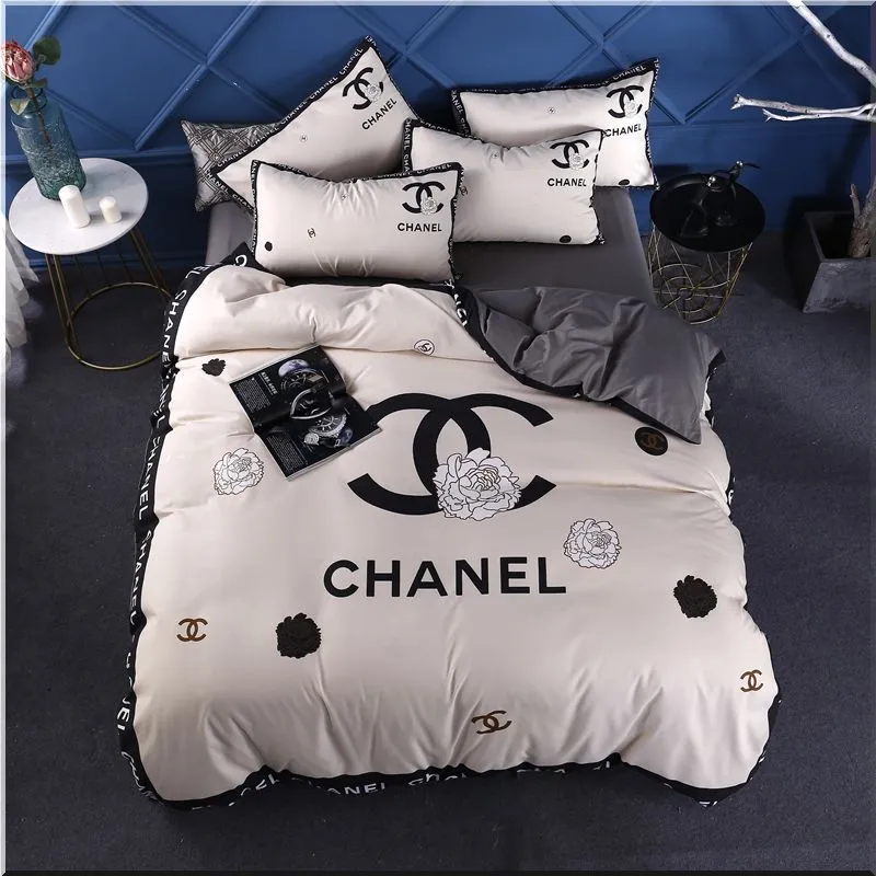 Chanel Black Logo White Floral Bedding Set