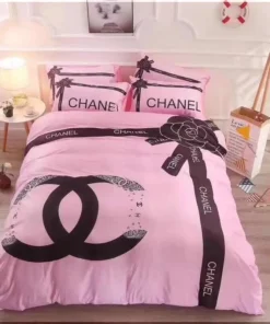 Chanel Logo Black Ribbon Pink Background Bedding Set