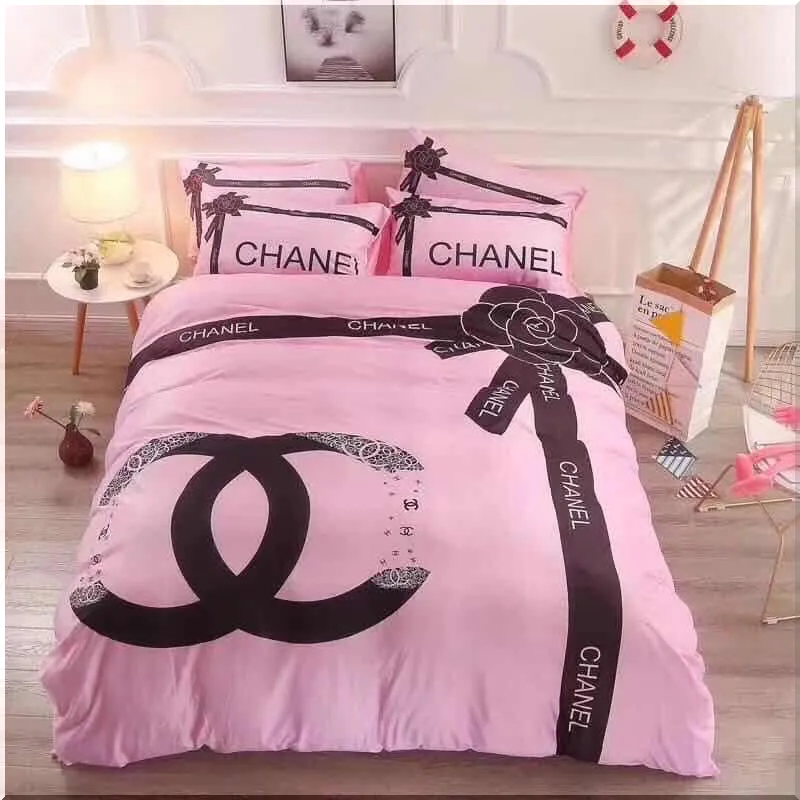 Chanel Logo Black Ribbon Pink Background Bedding Set - Peto Rugs