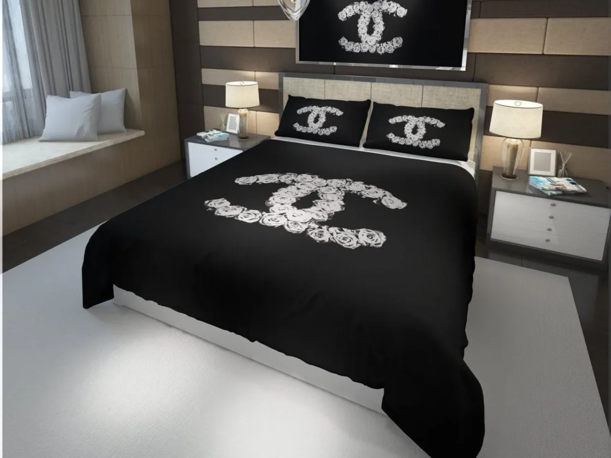 Chanel Logo White Flowers Bedding Set - Peto Rugs