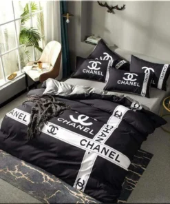 Chanel Logo White Ribbons Black Background Bedding Set