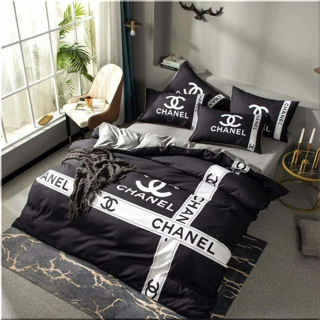 Chanel Logo White Ribbons Black Background Bedding Set