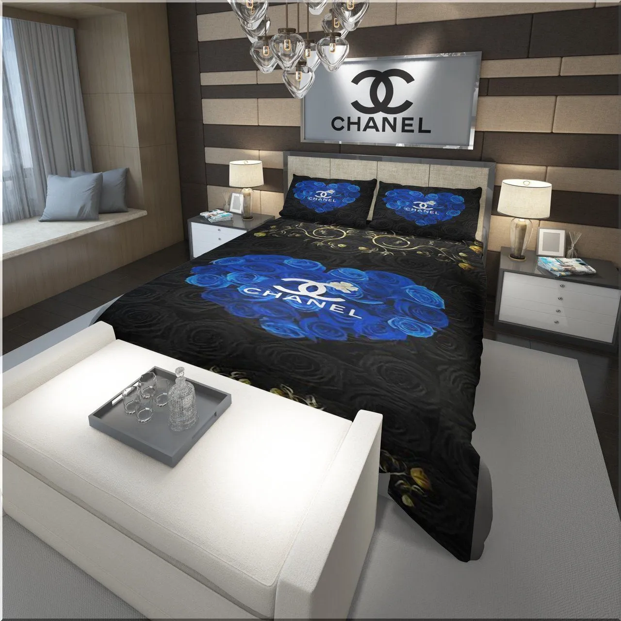 Coco Chanel Bedding Set Blue Roses Heart