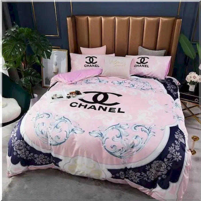 Coco Chanel Bedding Set Blue Wave in Pink Background