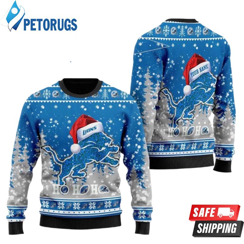 Detroit Lions Symbol Wearing Santa Claus Hat Ho Ho Ho Personalized Ugly Christmas Sweaters