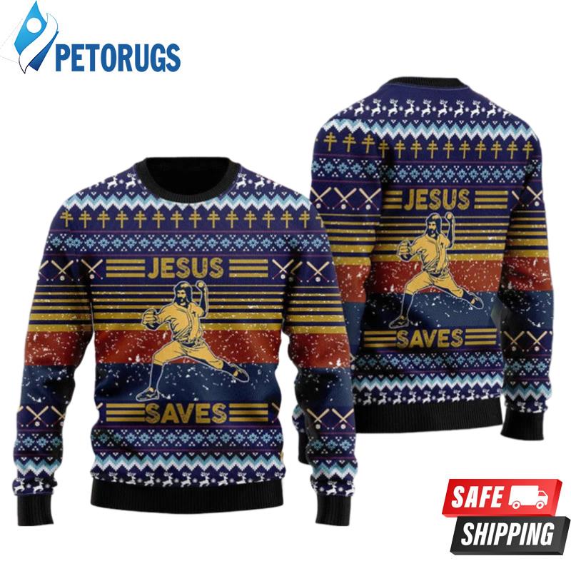 Funny Baseball Jesus Saves Christmas Ugly Christmas Sweaters