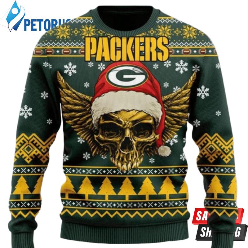 Green Bay Packers Golden Skull Santa Hat Ugly Christmas Sweaters