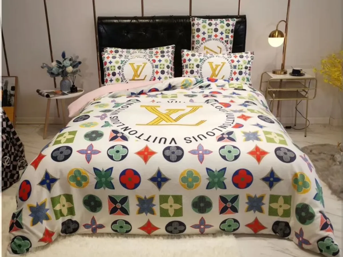 Louis Vuitton Flower Logo Pattern Green Background Bedding Set
