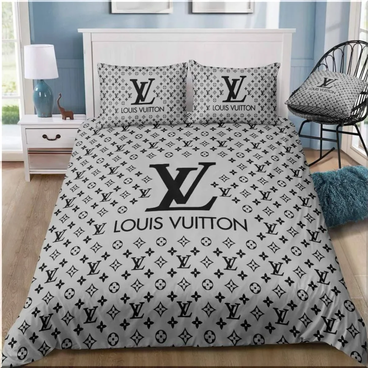 Louis Vuitton Grey Monogram Comforter Bed Set - Peto Rugs