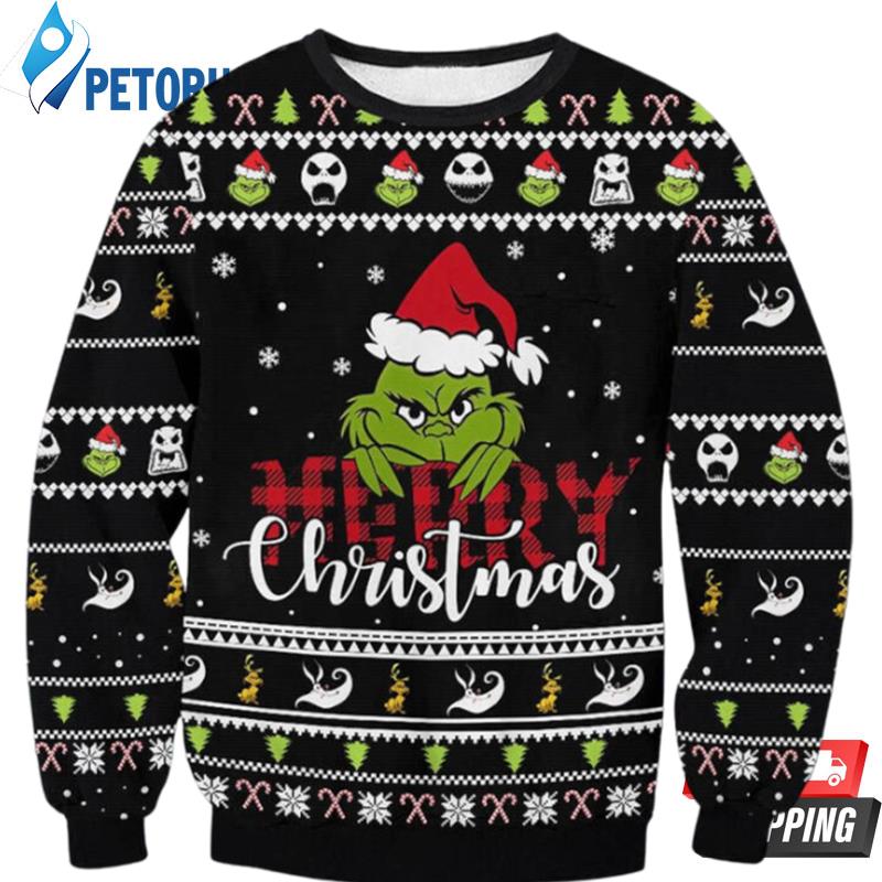 Merry Christmas Grinch Snowflake Parttern Black Color Ugly Christmas Sweaters