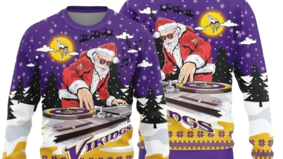 Minnesota Vikings Funy Santa Claus DJ Ugly Christmas Sweaters