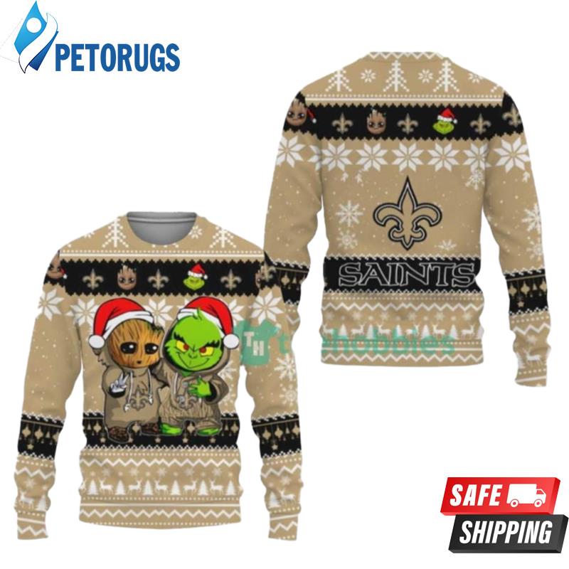 New Orleans Saints Baby Groot And Grinch Ugly Christmas Sweaters