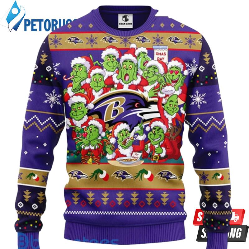 Nfl Baltimore Ravens Multi Grinch Face Ugly Christmas Sweaters