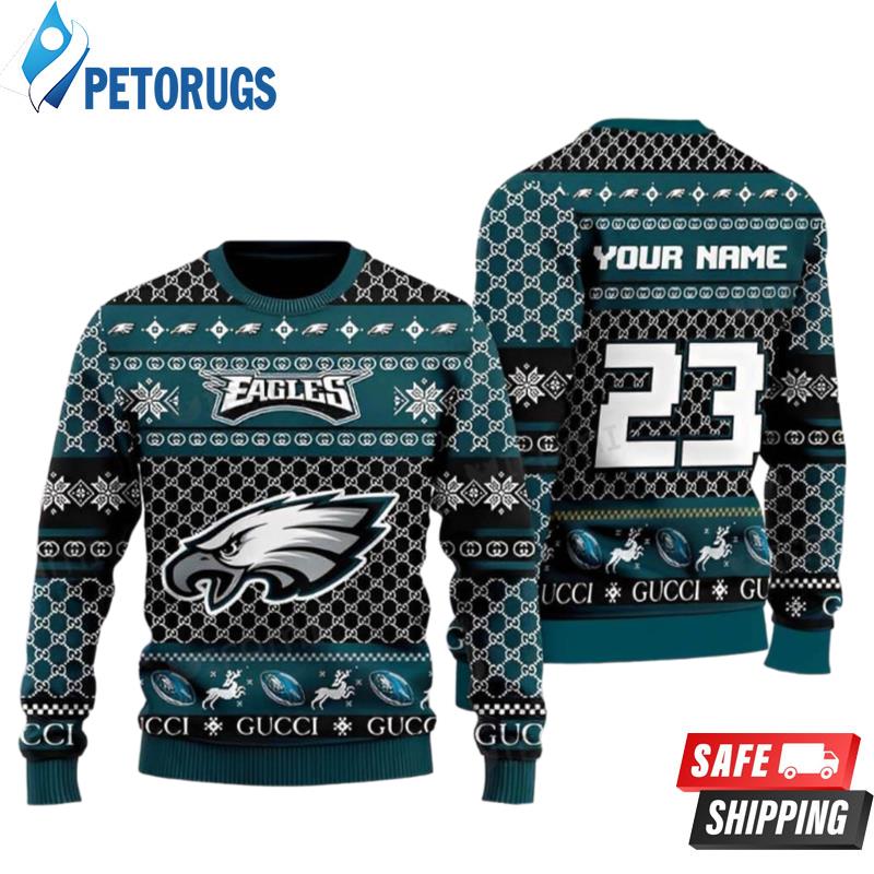 Personalized Name And Number Custom Gucci Pattern Philadelphia Eagles Ugly Christmas Sweaters