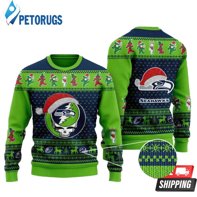 Seattle Seahawks Grateful Dead Wear Santa Hat Ugly Christmas Sweaters