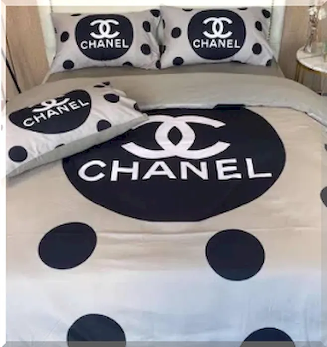 White Chanel Logo And Black Dot Bedding Set
