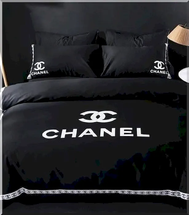 White Logo Chanel Logo In Black Bedding Set